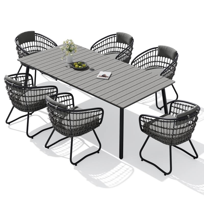 7-Piece Outdoor Patio Dining Set Wood-Like Table Top Alumium Umbrella Hole Table with PE Rattan Chairs