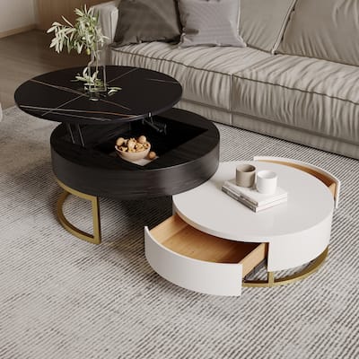 Round Coffee Table Storage Lift-Top Wood Coffee Table Lifts up with Rotatable Drawers White Black