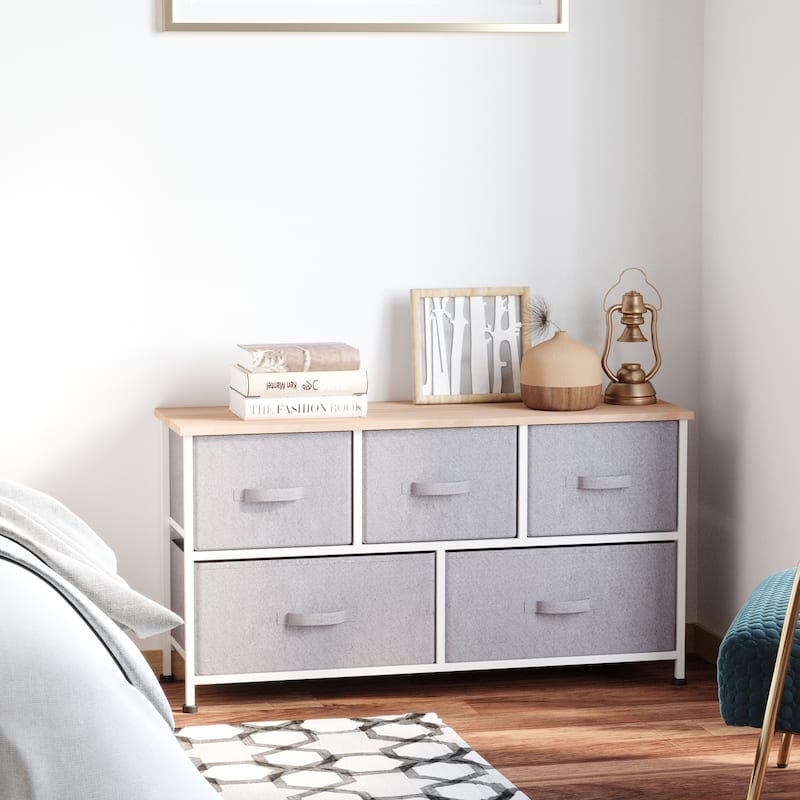 5-Drawer Horizontal Dresser with Fabric Bins - Grey
