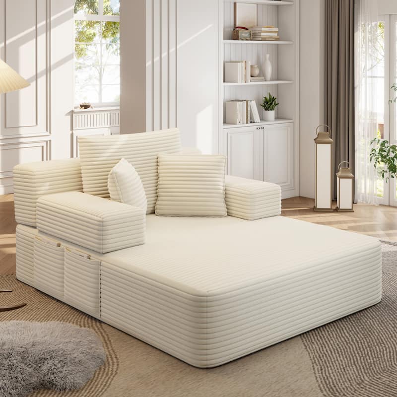 Luxurious Plush Corduroy Chaise Lounge Convertible Sofa Bed with Storage Pocket and Wide Armrests