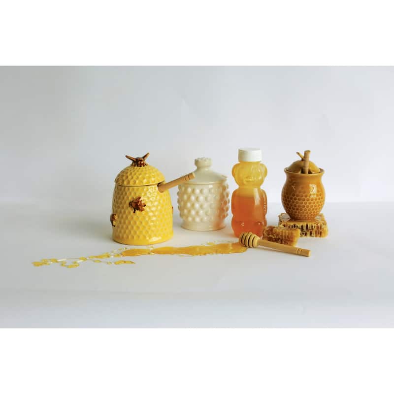 White Ceramic Hobnail Style Honey Jar with Lid & Wood Dipper (Set of 2 Pieces)