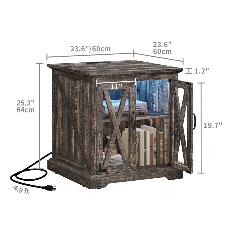 Moasis End Table with Charging Station, Farmhouse Side Table with Storage and Shelves
