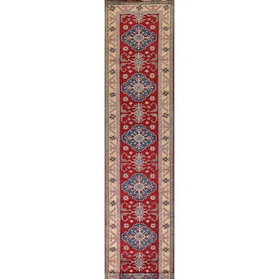 Geometric Red Kazak Oriental Runner Rug Handmade Wool Carpet - 2'6" x 16'0"