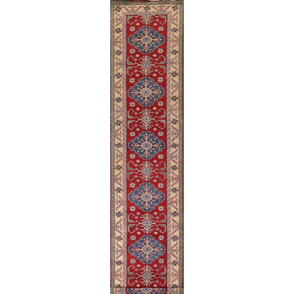 Geometric Red Kazak Oriental Runner Rug Handmade Wool Carpet - 2'6" x 16'0"