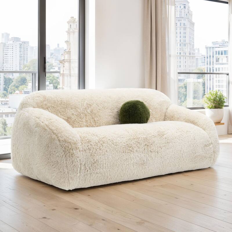 Furniture of America Cynra Modern 82-inch Faux Fur Sofa with Ball Pillow - Sand Short-Haired