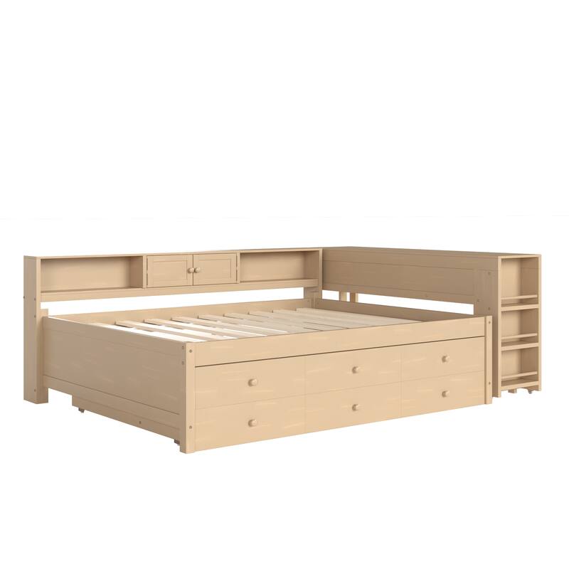 Full/Twin Daybed with Trundle & Storage Drawers - Wood Frame with Side Shelves and Desk