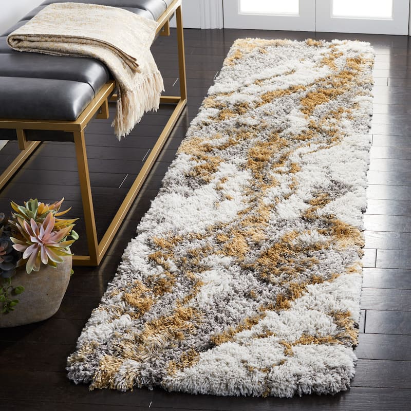 SAFAVIEH Horizon Shag Mukades Abstract 2.5-inch Thick Rug - 2' x 13' Runner - Grey/Gold - Runner