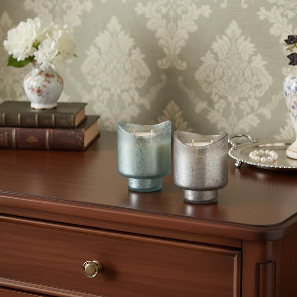 Set of Two White Currant Scented Two Wick Candles In Frosted Glass Holders