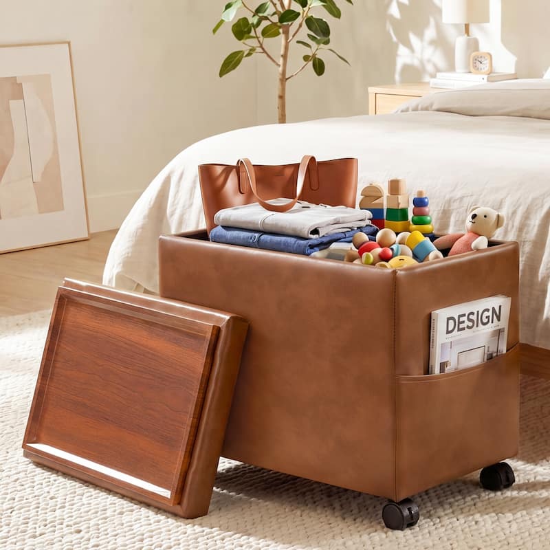 Adeco 16" W Upholstered Rectangle Storage Ottoman with Tray and Pocket