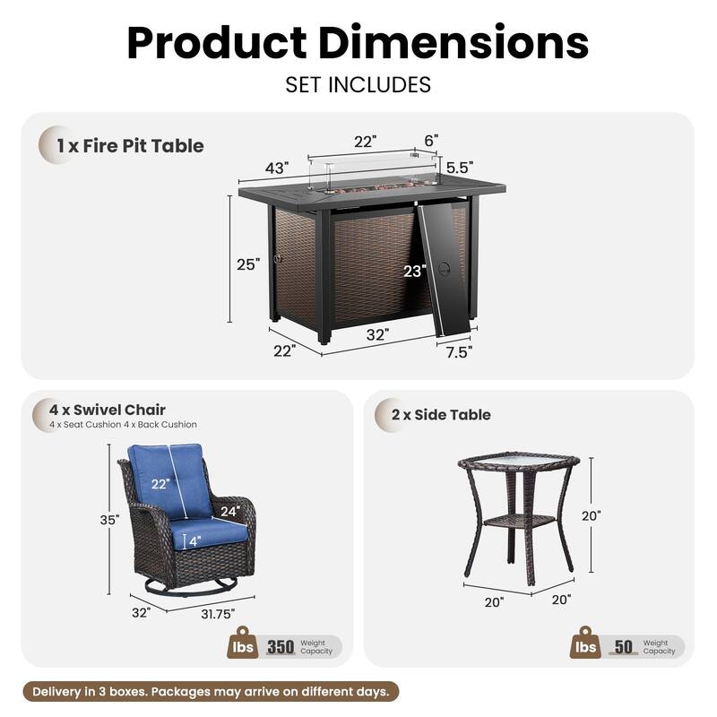 Gymojoy 7-Piece Outdoor Wicker Set with 4 Swivel Rockers & 55,000 BTU Fire Pit Table for Patio