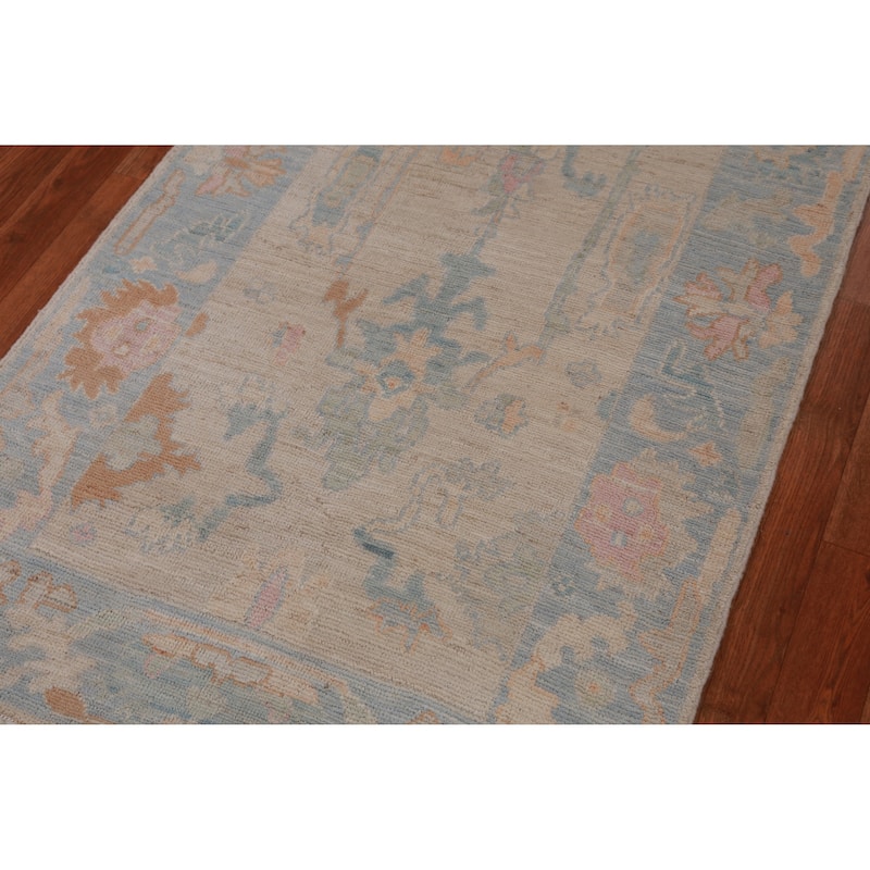 Hand Knotted Oriental 100% Wool Carpet Transitional All-Over Beige & Ivories Oushak Runner Rug - 12' 2'' X 3' 1''