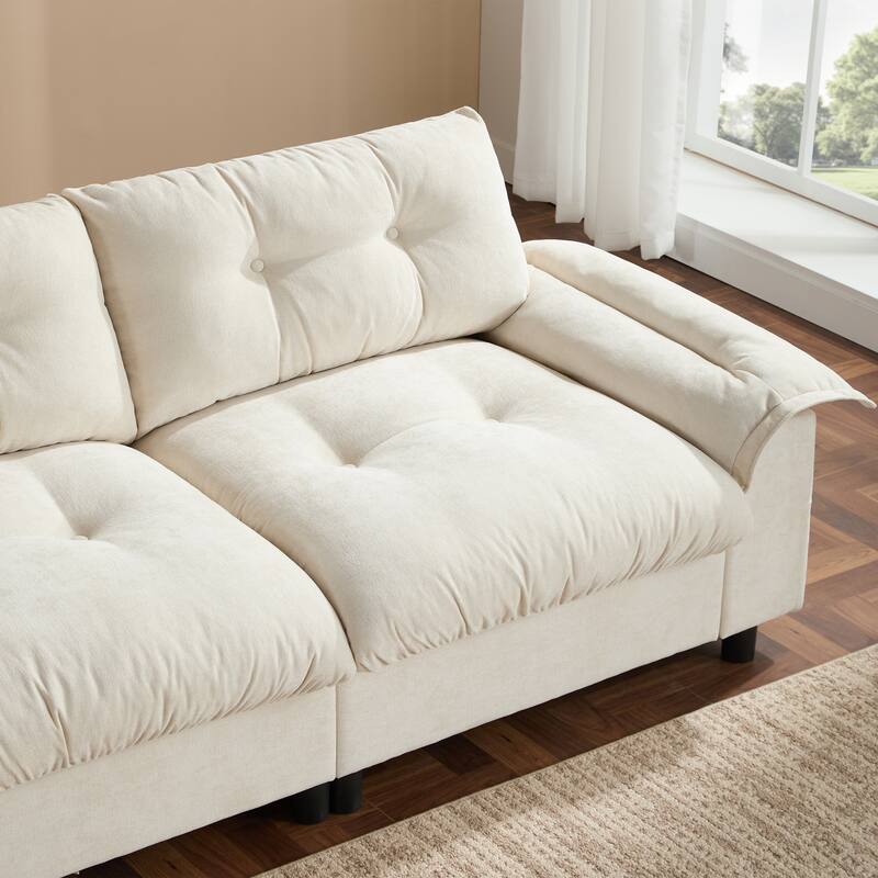 Chenille Tufted L-Shape Sectional Sofa with Storage Ottoman, Pockets and All-in-one Armrest with Dual-Port Charging, Cup Holder