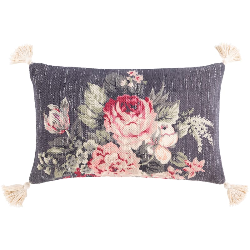Deidra Handwoven Floral Tassel Cotton Throw Pillow - 14"x22" with Down Insert - Medium Grey