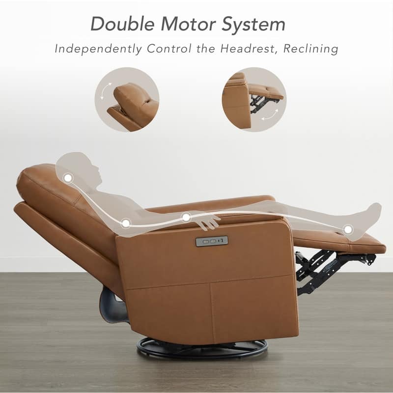 Spruce & Spring Genuine Leather Swivel Glider Recliner with Adjustable Headrest