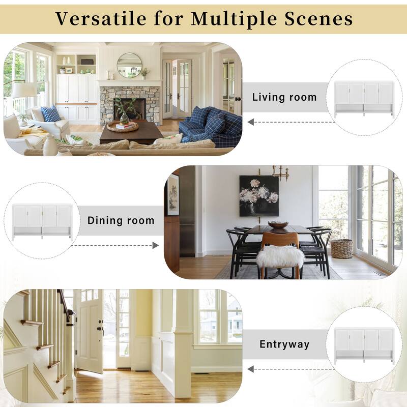 4 Doors Storage Sideboard with Open Shelf and 2-Tiers Adjustable Shelves, Multi Functional Buffet with 2 Side Hooks