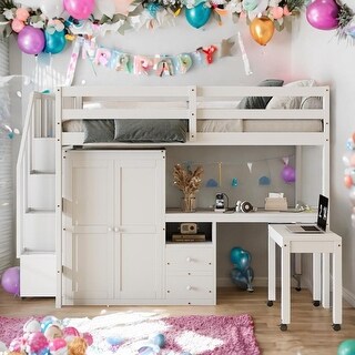 Full Size Multifunctional Loft Bed with Wardrobe With Shelves,A Side Desk With 2 Drawers,A Movable Table