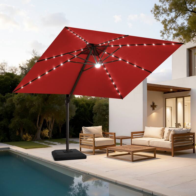 11FT Patio Solar-Powered LED Lights Cantilever Umbrella with Base - Red