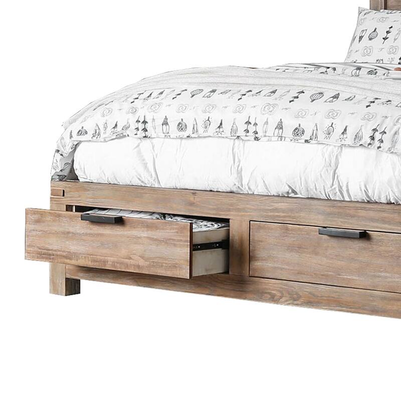 Queen Bed with Storage Drawer and Panel Headboard, Oak Brown