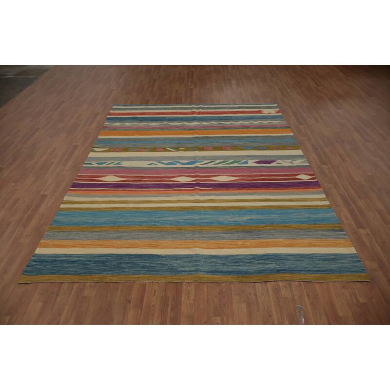 Hand Woven Oriental 100% Wool Carpet Southwestern Modern Multi-Colored Kilim Area Rug - 10' 9'' X 8' 0''