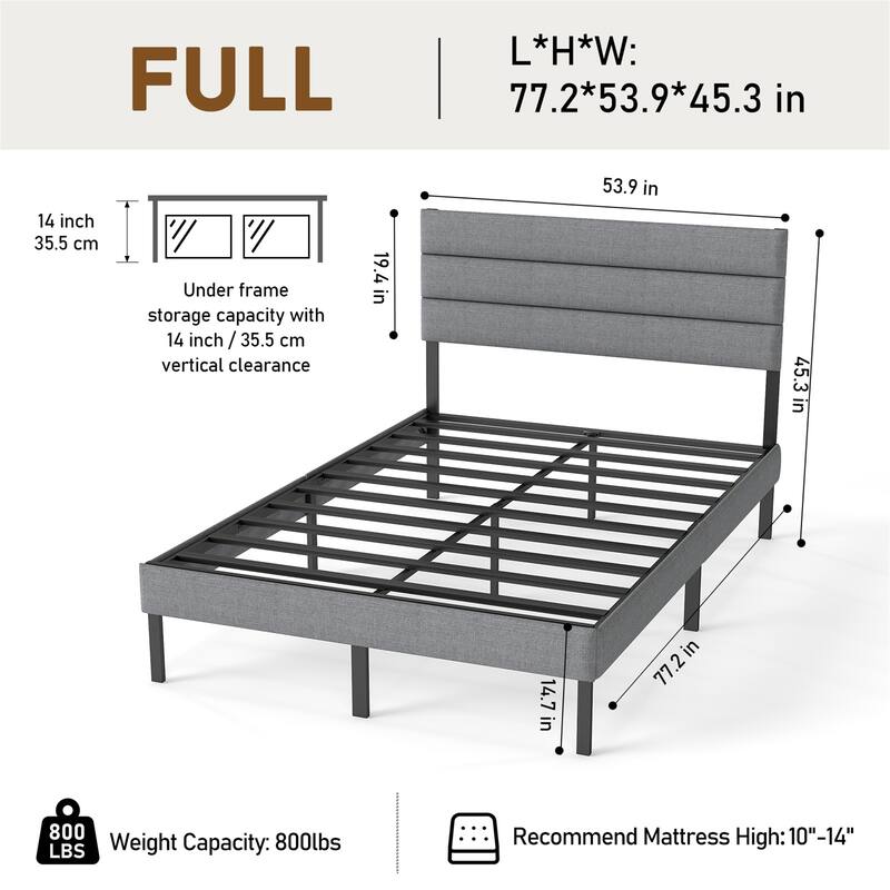 Full Size Upholstered Platform Bed with Headboard and 14" Underbed Storage