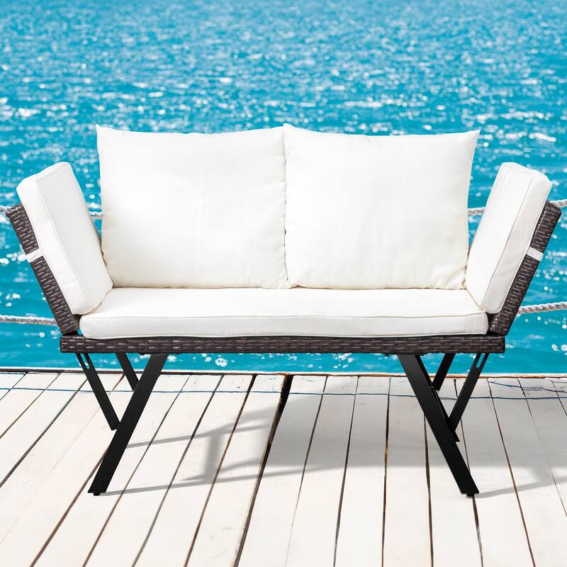 Convertible Patio Sofa with Cushions and Adjustable Armrests - 70.3" x 23.4" x 32.8" - Brown-White