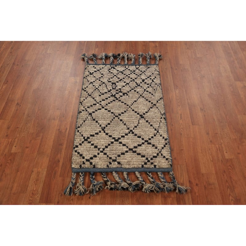 Moroccan Oriental Foyer Rug Hand-Knotted Beige / Ivory Wool Carpet - 2'0"x 3'0"