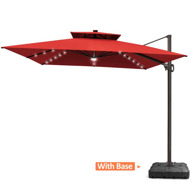 VredHom 11X11 FT Outdoor Square Cantilever Patio Aluminum Umbrella Solar LED Light with Wheel Base