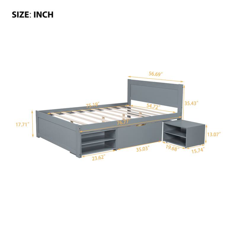 Full Size Wooden Platform Bed Frame with Drawer and Two Shelves, Ample Storage and Space-Saving Design, Bedroom Furniture