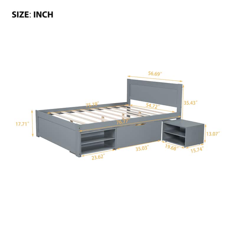 Modern Style Platform Bed with Drawer and Two Double-layer Storage Shelves for Bedroom