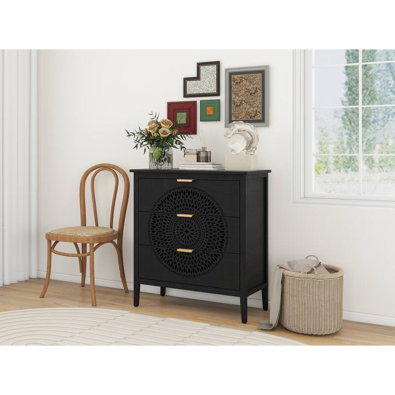 3-Drawer Storage Cabinet with Pine Legs & Metal Handles for Entryway or Bedroom Organization