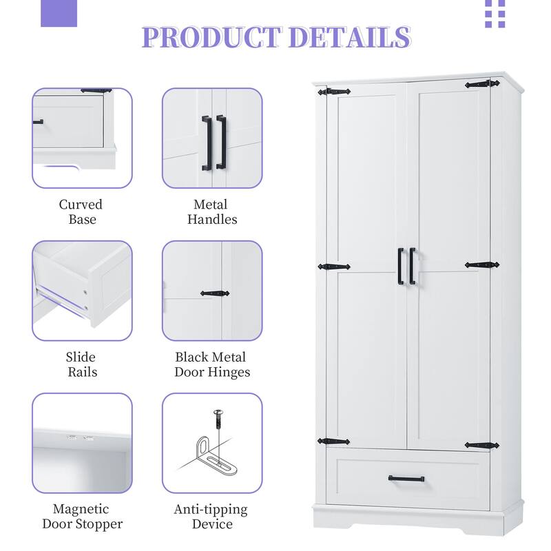 GDFStudio - Tall Bathroom Storage Cabinet with Two Doors & One Drawer, Adjustable Shelf, MDF