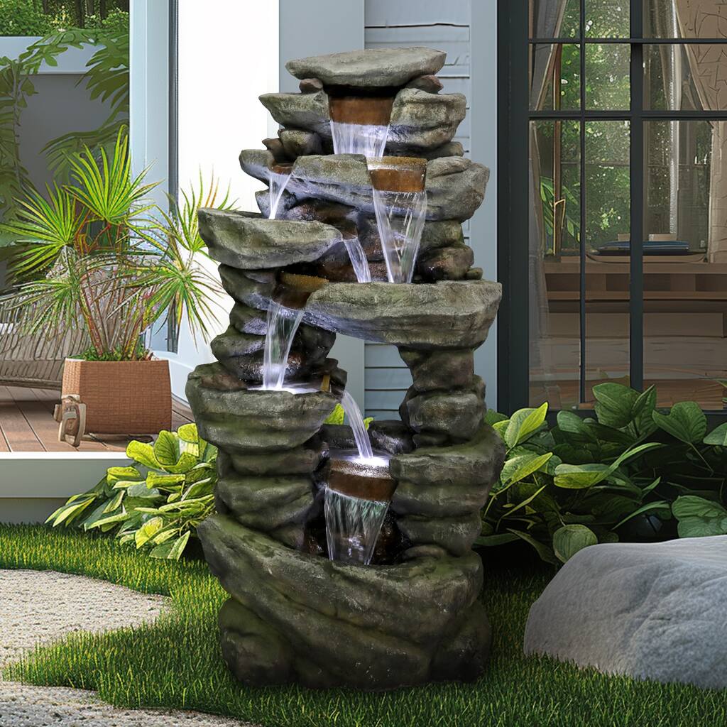 7-Tier Rocks Garden Water Fountain - 60in H Large Cascading Waterfall