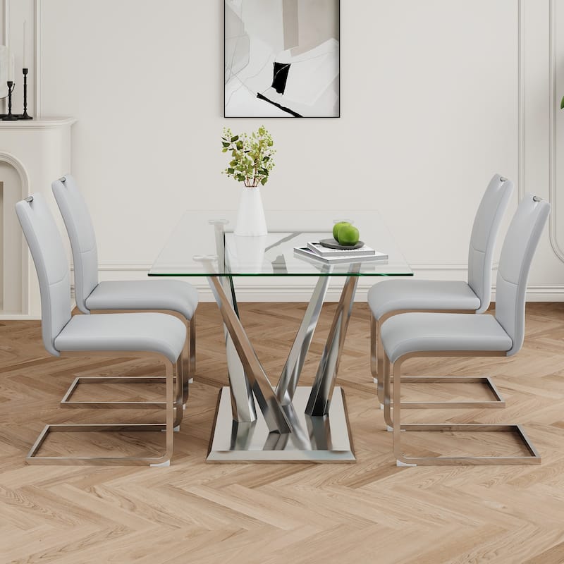 63" Glass Dining Table Set for 4, 5 Piece Dining Table and Chairs Set, Rectangular Table with 4 Faux Leather Chairs & Metal Legs