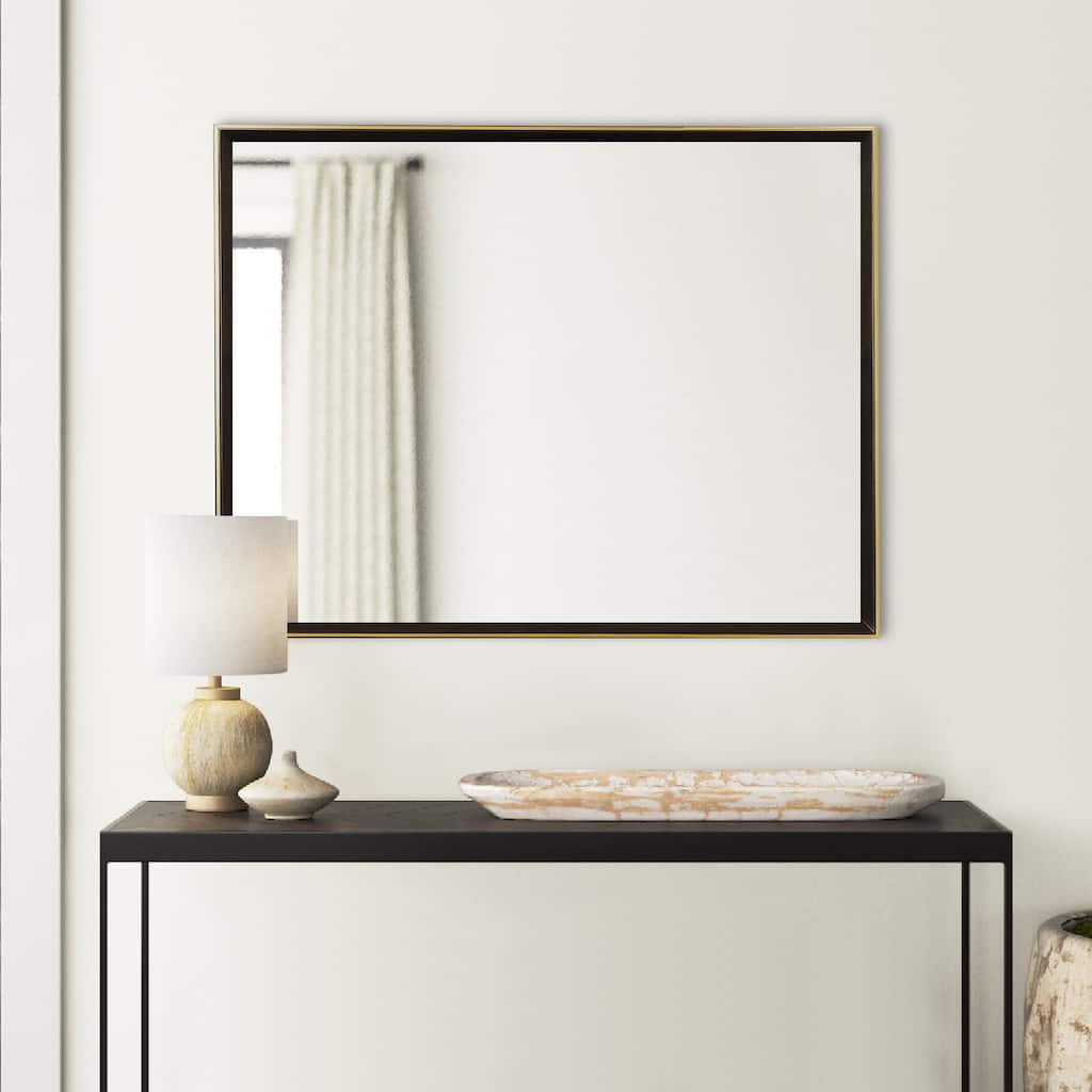 Rectangular Wooden Frame Mirror with Gold Trim, Espresso Brown