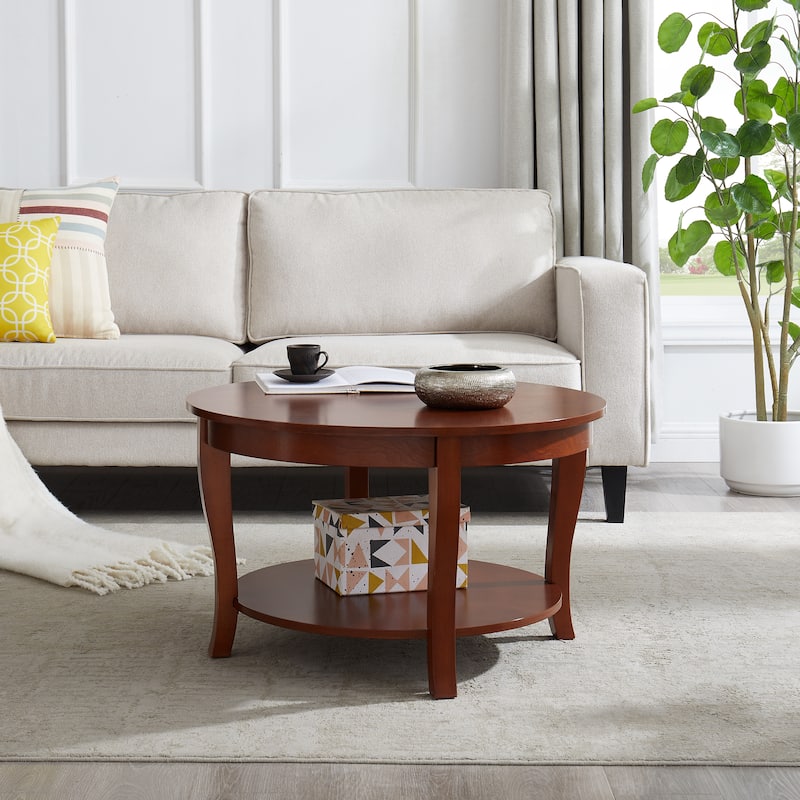 Traditional Round Coffee Table with Open Storage Shelf,2-Tier Storage Wood Center Circle Accent Table for Living Room