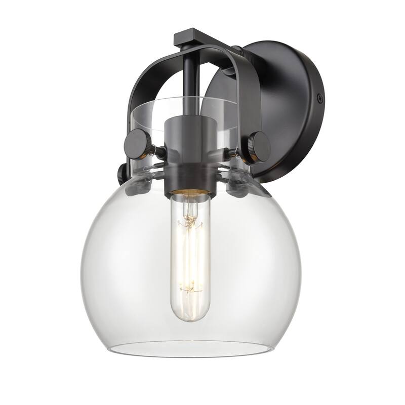 Innovations Lighting 423-1W-10-7 Pilaster II Sphere Sconce Pilaster II - Matte Black / Clear