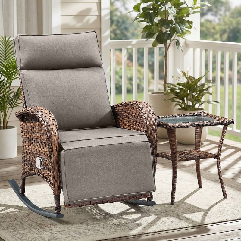 Pocassy Versatile Outdoor Recliner Rocker Chair with Thick Cushion - Brown Wicker with Gray Cushion - 2-Piece Rocker Recliner Chair with Side Table