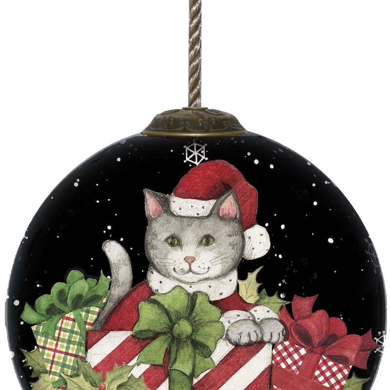 Christmas Cat with Presents Hand Painted Mouth Blown Glass Ornament - 3"x 3" x 3"