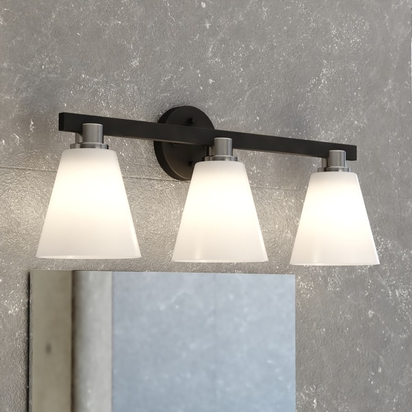 slide 2 of 15, Vermont Matte Black and Satin Nickel Bathroom Vanity Lighting Fixture, Etched White Glass Shade, Dimmable, LED Compatible Wall 23-in W x 10-in H x 7-in D - Matte Black and Satin Nickel