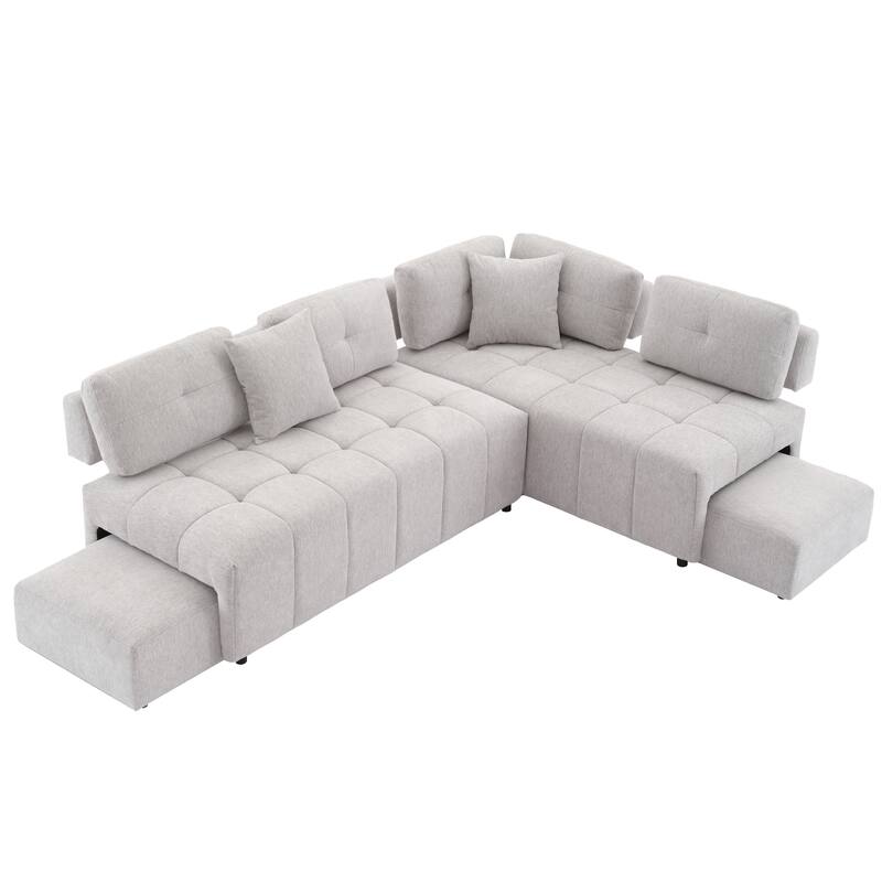 Grey 91.73" L-Shaped 4-Seat Sectional Sofa with 2 Hidden Stools, 2 Removable Lumbar Cushions, and Durable Chenille Upholstery
