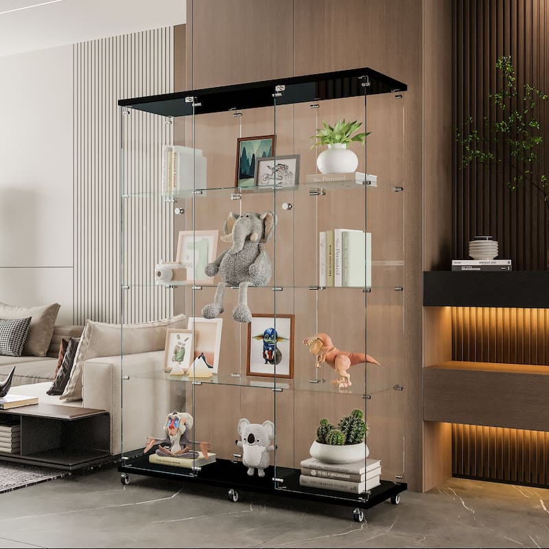 12 Shelves Glass Display Cabinet with 3 Columns and Lock, Curio Cabinets Tempered Glass Floor Standing Bookshelf for Living Room - Black
