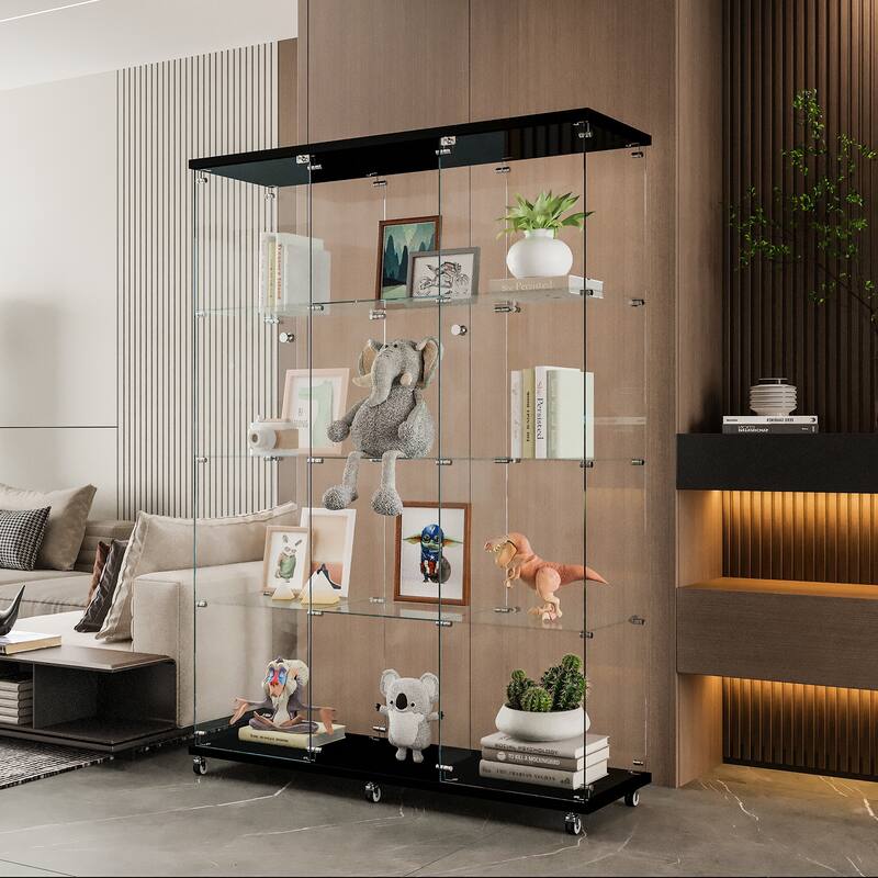 Glass Display Cabinet w/4 Shelves & Wheels, Floor Standing Glass Curio Cabinets for Living Room Bedroom Study or Collection Room