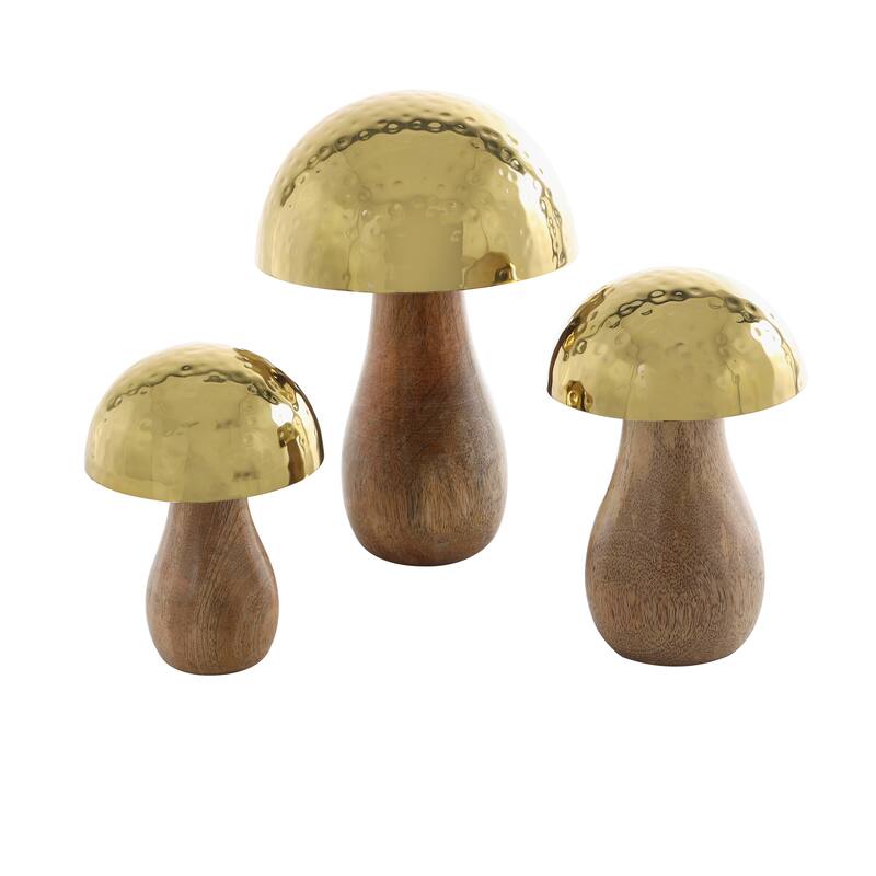Gold or Silver Stainless Steel Handmade Hammered Mushroom Sculpture with Brown Mango Wood Bases (Set of 3)