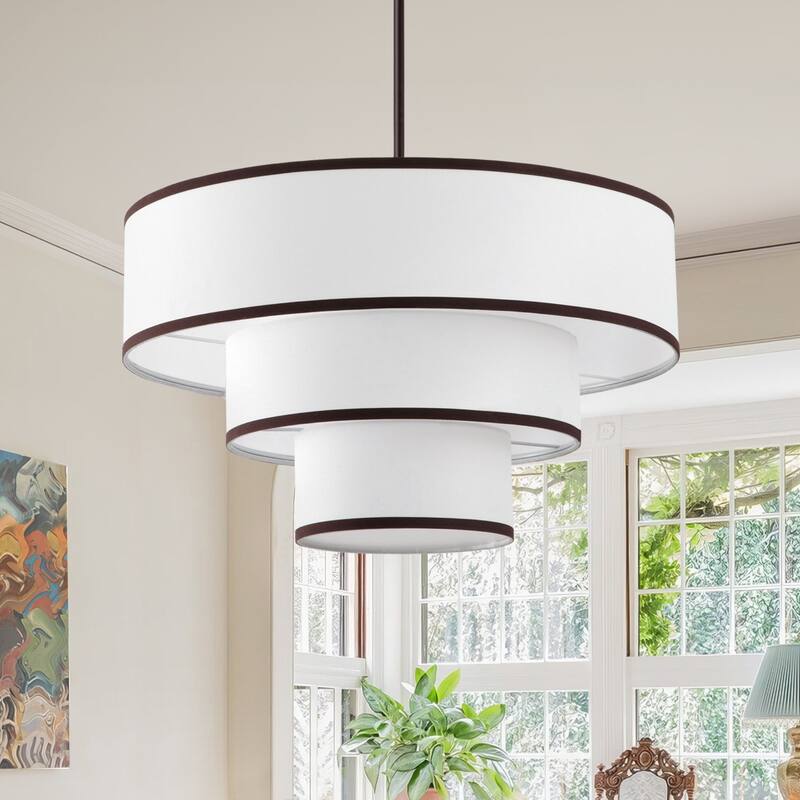 Modern Chandelier 24" 5-Light Bronze Tiered Drum Linen Shade