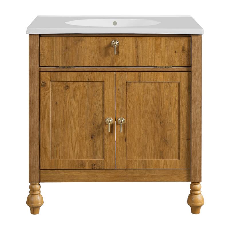 30-Inch Walnut Bathroom Vanity: Seashell Resin Sink, Flip-Up Storage & Soft-Close Doors