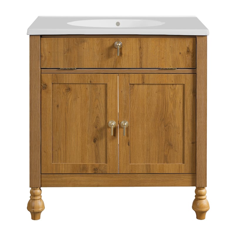 Christopher Knight Home - Jin 30-Inch Walnut Bathroom Vanity: Seashell Resin Sink & Flip-Up Storage