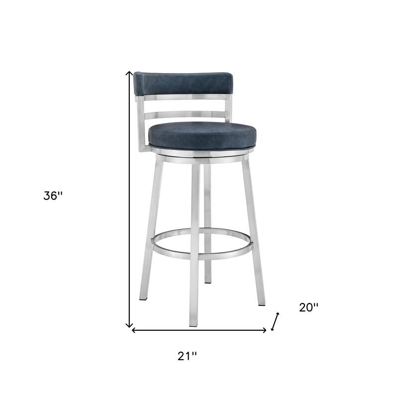 HomeRoots 26" Blue and Silver Faux Leather and Stainless Steel Low Back Counter Height Swivel Bar Chair