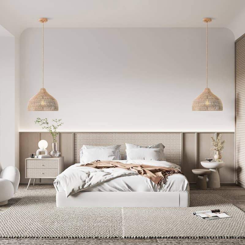 Dreamy Palm Fibers Pendant Light - Natural Dome 1-Light Handwoven Rattan Hanging Light For Modern, Boho, Farmhouse Room Decor