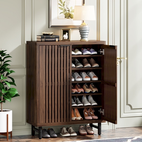 24 Pairs Wood Shoe Storage Cabinet with 2 Door and Adjustable Shelving for Entryway Living Room On Sale Bed Bath Beyond 40035089