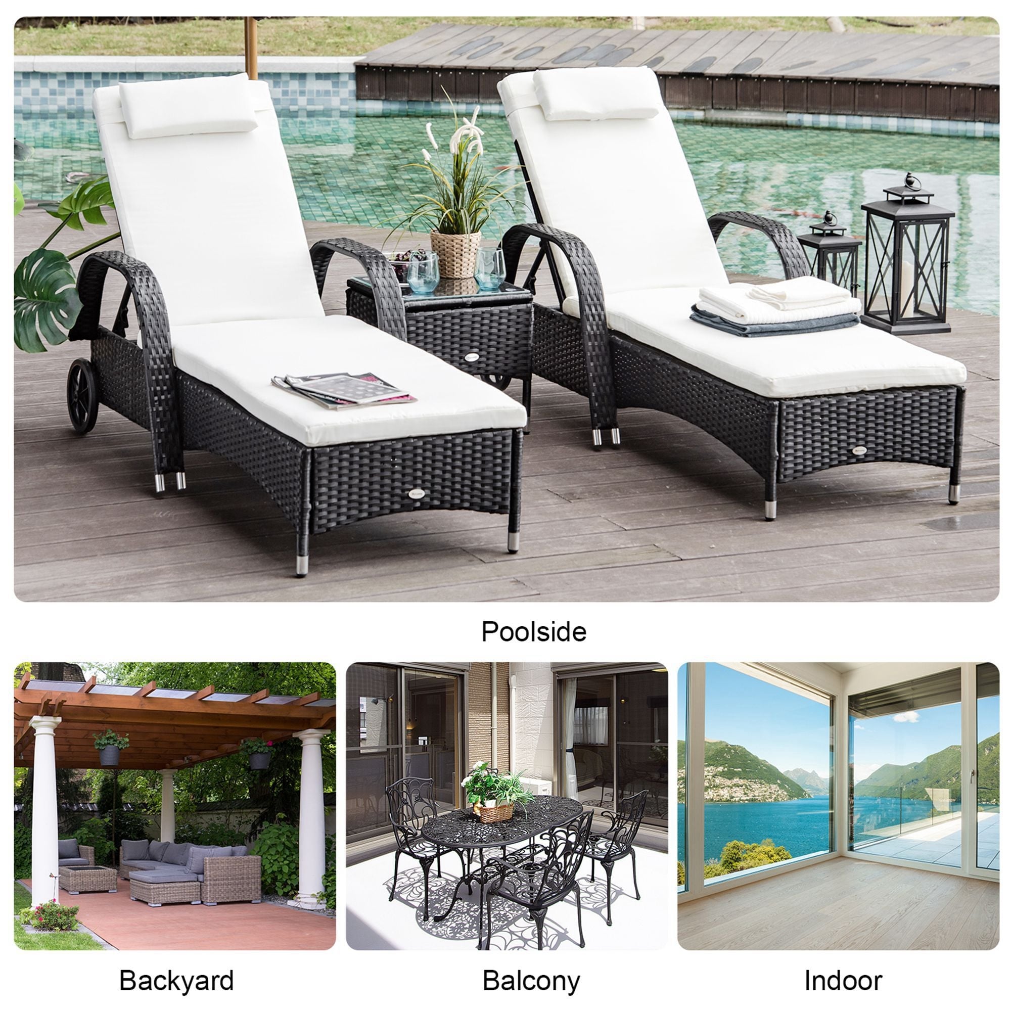 3-Piece Chaise Lounge Chair Set – 2 PE Rattan Wicker Loungers With Wheels & Cushions + 1 Wood Side Table – All-Weather, Aluminum Frame – For Poolside, Backyard, Porch